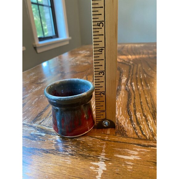 Handmade Ceramic Glazed Miniature Vase With Red & Blue Drip Design - Picture 4 of 4